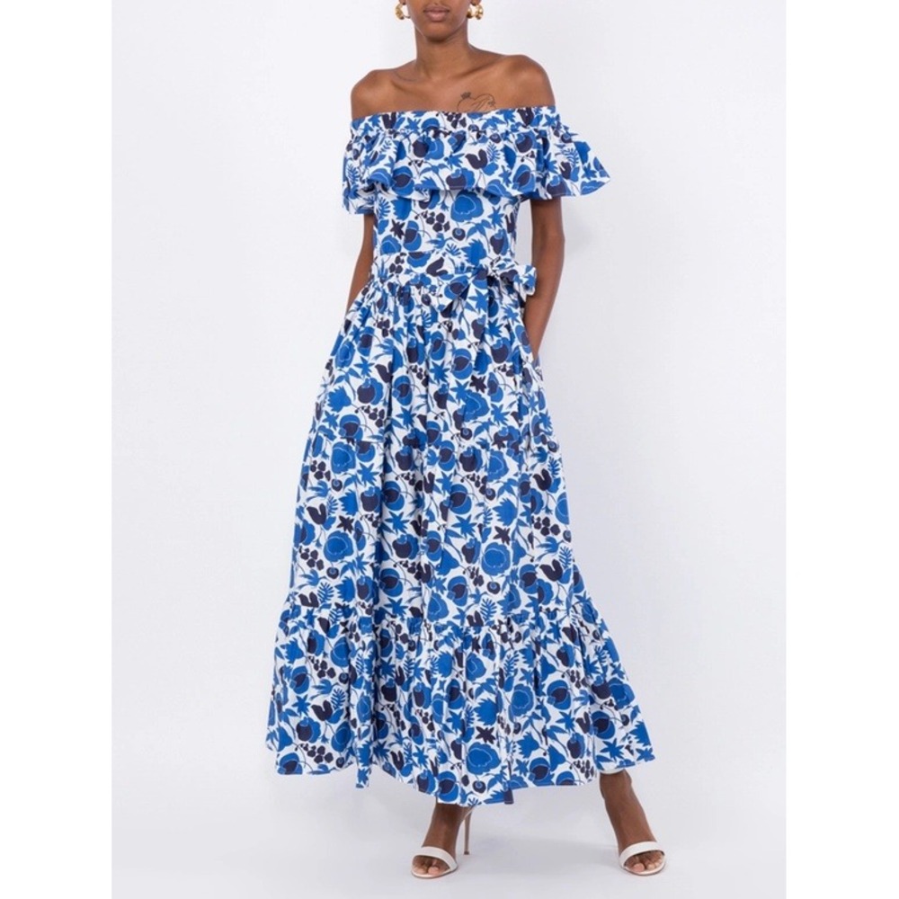 La DoubleJ x The Webster Yacht Dress Blue White Floral Tiered Cotton Maxi XS